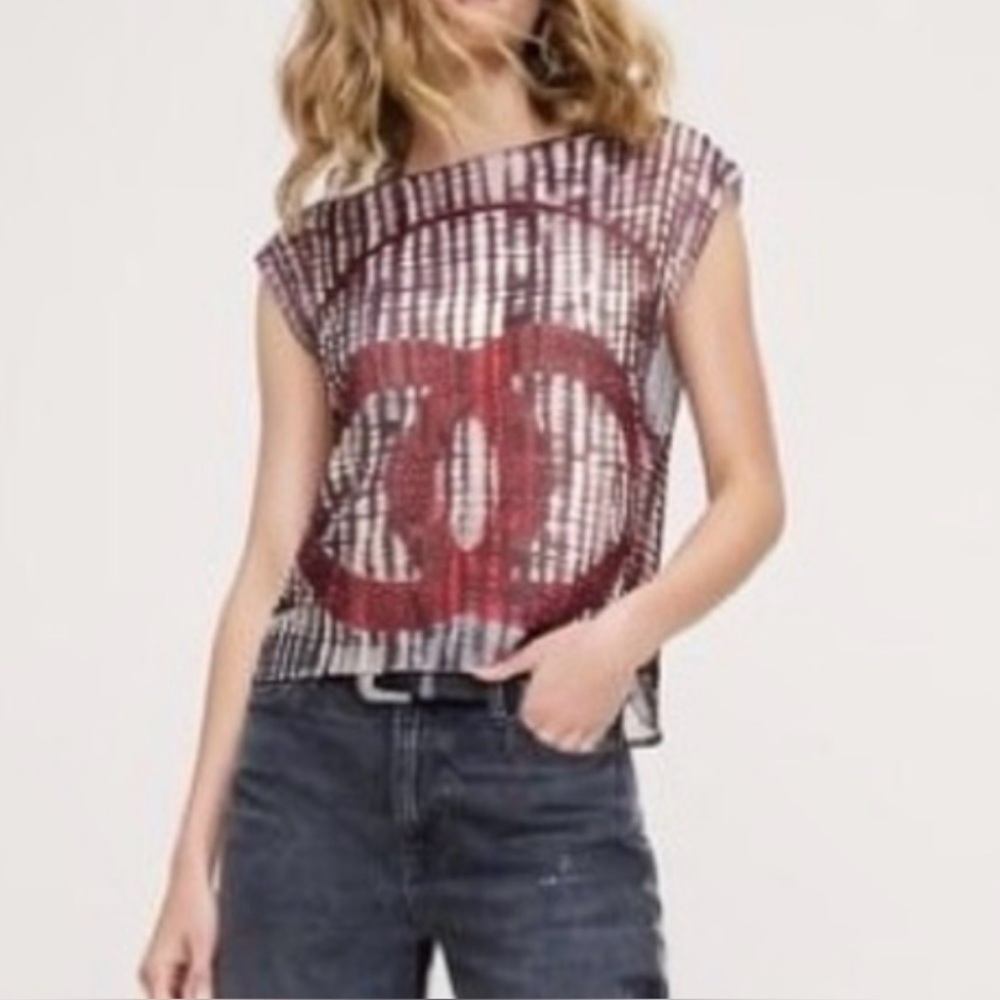 VINTAGE Chanel 2004 SS Sheer Silk Mesh CC Logo Tie-Dye Top Blouse Rare Y2K